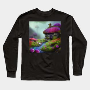 Sparkling Fantasy Cottage with Lights and Glitter Background in Forest, Scenery Nature Long Sleeve T-Shirt